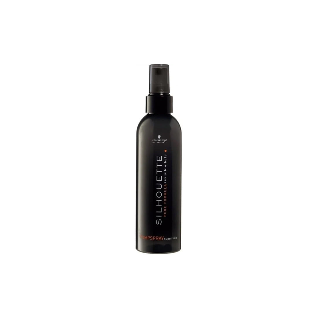 A bottle of Schwarzkopf Professional Silhouette Super Hold Pump Spray with a black label and red text, designed for hair styling.